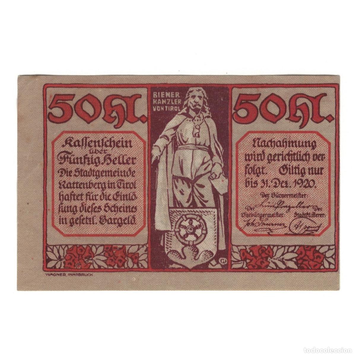 Billetes extranjeros: [#324723] Billete, Austria, Rattenberg Tirol Stadt, 50 Heller, paysage, 1920, 1920-12-31