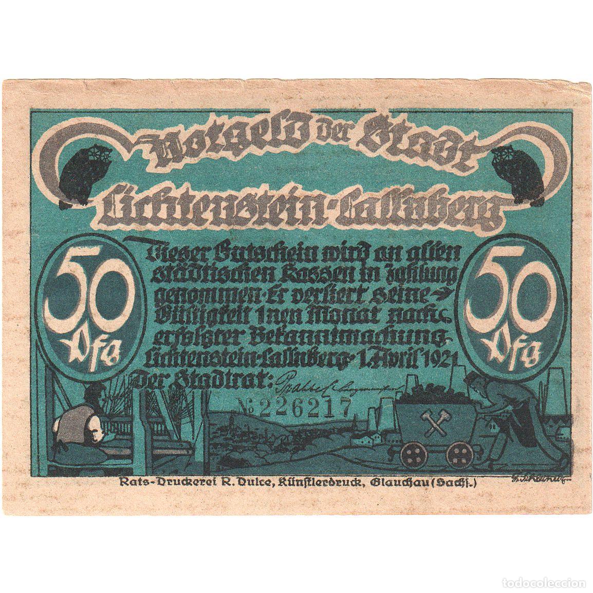 Billetes extranjeros: [#329219] Billete, Alemania, Lichtenstein Callnberg, 50 Pfennig, personnage, 1921