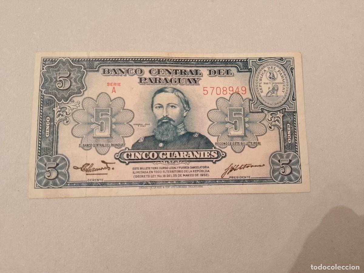 Billetes extranjeros: Billete Paraguay, 5 guaran&iacute;s, a&ntilde;o 1943, serie A