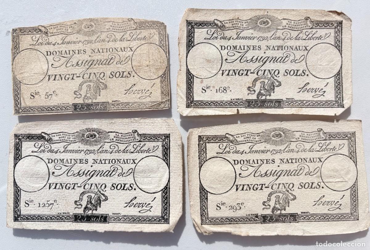 Billetes extranjeros: Francia &middot; Lote 4 Assignats 25 Sols &middot; Revoluci&oacute;n Francesa 1792 &middot; Domaines Nationaux &middot; Droz