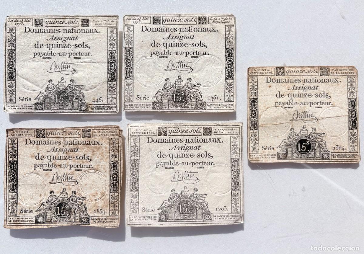 Billetes extranjeros: FRANCIA REVOLUCIONARIA &mdash; Lote de 5 Assignats de 15 Sols. Par&iacute;s, 1792&ndash;1793