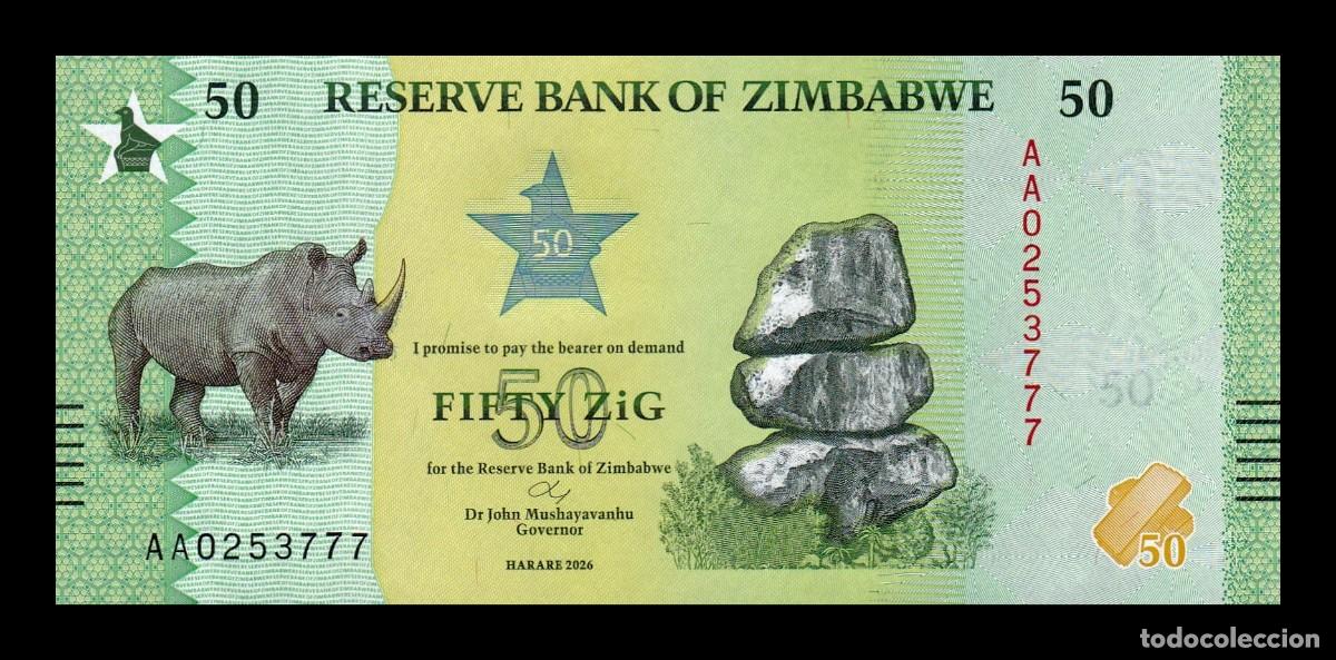 Billetes extranjeros: Zimbabwe 50 Zig Rinoceronte 2026 Pick 117 Nuevo Sc Unc