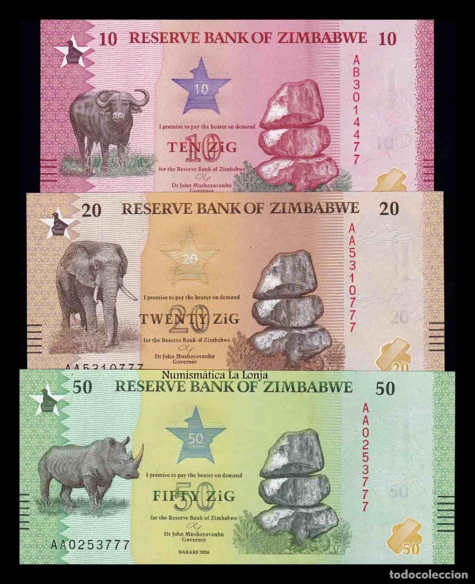 Billets internationaux: Zimbabwe Set 3 billetes 10 20 50 Zig 2026 Pick 115 116 117 Nuevo Sc Unc