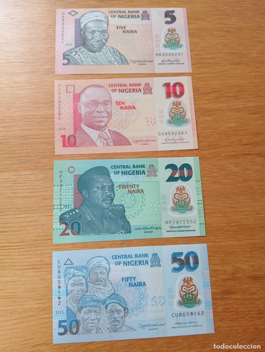 Billetes extranjeros: LOTE CON 4 BILLETES DIFERENTES DE NIGERIA: 5, 10, 20 Y 50 NAIRA. POL&Iacute;MERO. SIN CIRCULAR.