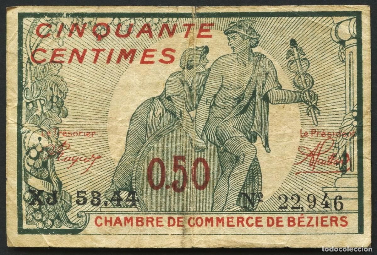 Billets internationaux: FRANCIA, BILLETE LOCAL, C&Aacute;MARA DE COMERCIO DE B&Eacute;ZIERS, VALOR: 50 CENT, 1920, 1924