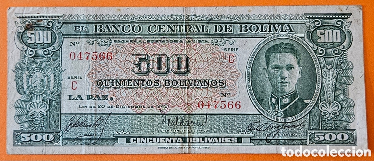 Billetes extranjeros: BOLIVIA, 500 BOLIVIANOS, 1945.