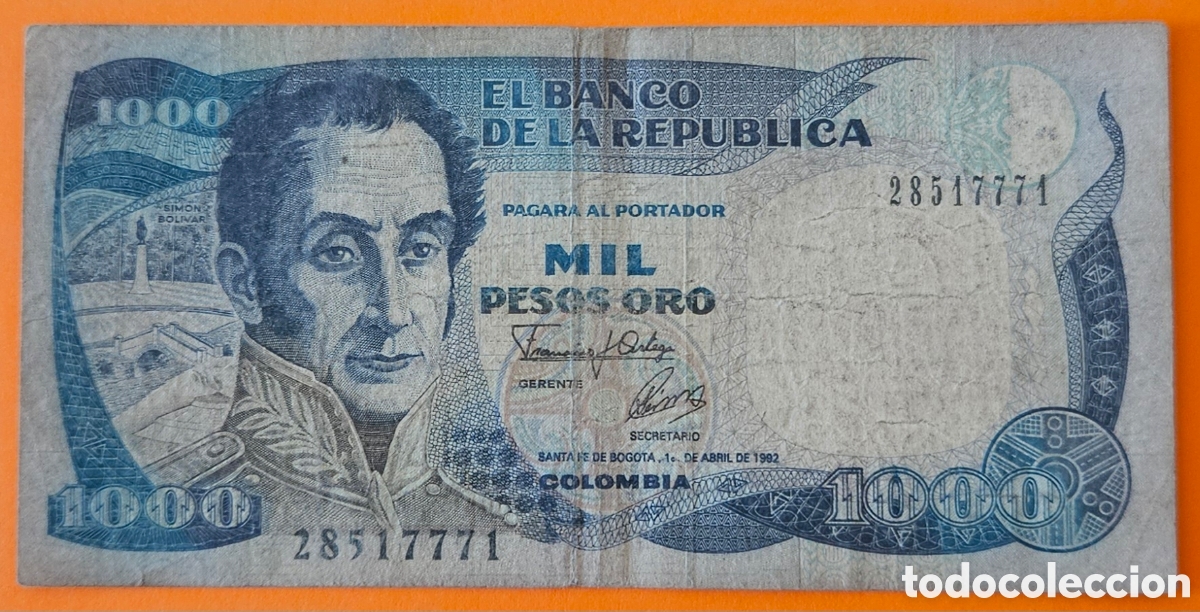 Billetes extranjeros: COLOMBIA, 1000 PESOS, 1992.
