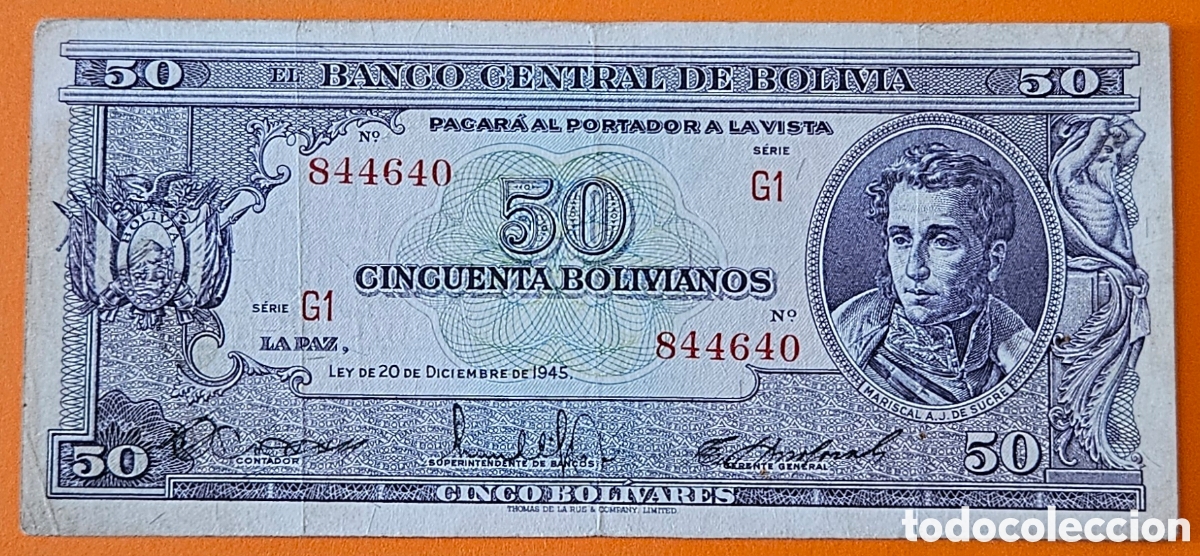Billetes extranjeros: BOLIVIA, 50 BOLIVIANOS, 1945.