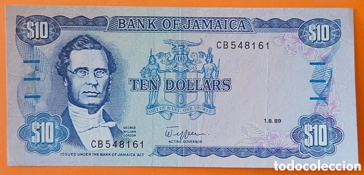 Billetes extranjeros: JAMAICA, 10 D&Oacute;LARES, 1989.