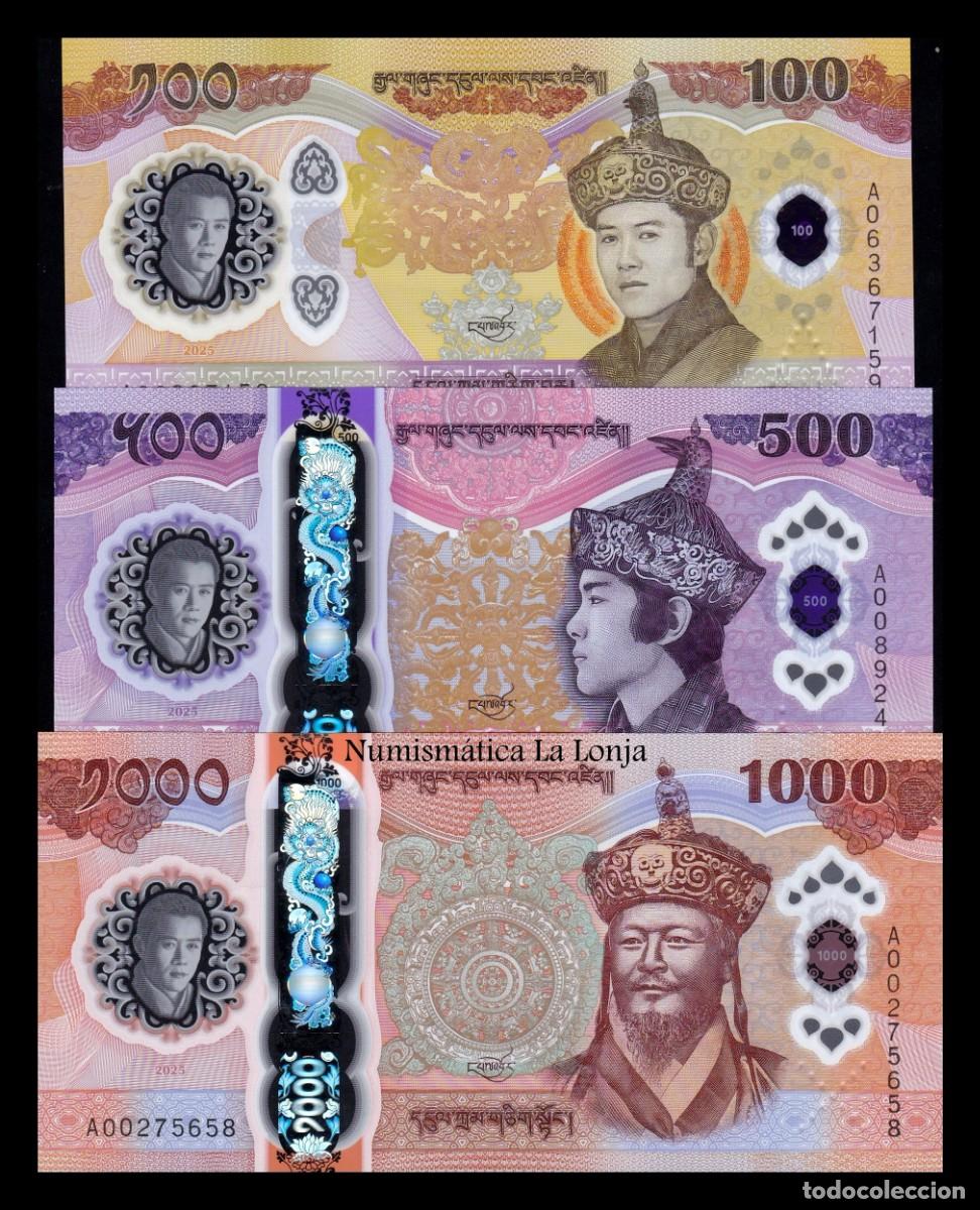 Billetes extranjeros: Bhut&aacute;n Set 3 billetes 100 50 1000 Ngultrum Conmemorativo 2025 (2026) Pick 43-45 Nuevo Pol&iacute;mero Unc