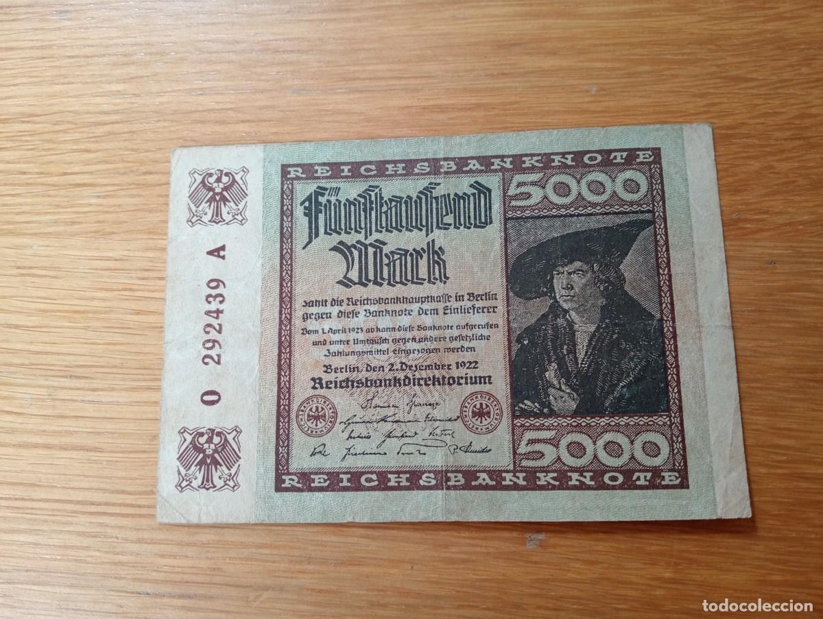 Billets internationaux: BILLETE DE ALEMANIA. 5000 MARCOS. N.&ordm; SERIE: O 292439 A. A&Ntilde;O 1922. PICK 81. CIRCULADO, VER FOTOS.