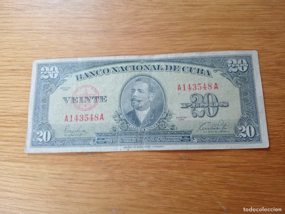 Internationale Banknoten: BILLETE DE CUBA. 20 PESOS. N.&ordm; SERIE: A143548A. A&Ntilde;O 1949. PICK 80a. CIRCULADO, EL DE LAS FOTOS.