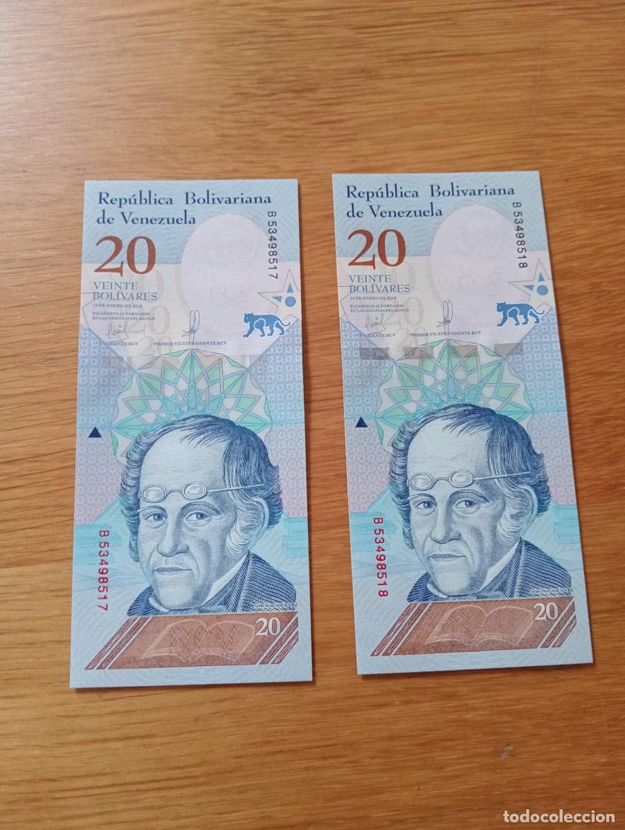 Billetes extranjeros: 2 BILLETES CONSECUTIVOS DE VENEZUELA. 20 BOL&Iacute;VARES. N.&ordm; SERIE: B53498517/8. A&Ntilde;O: 2018. SIN CIRCULAR.