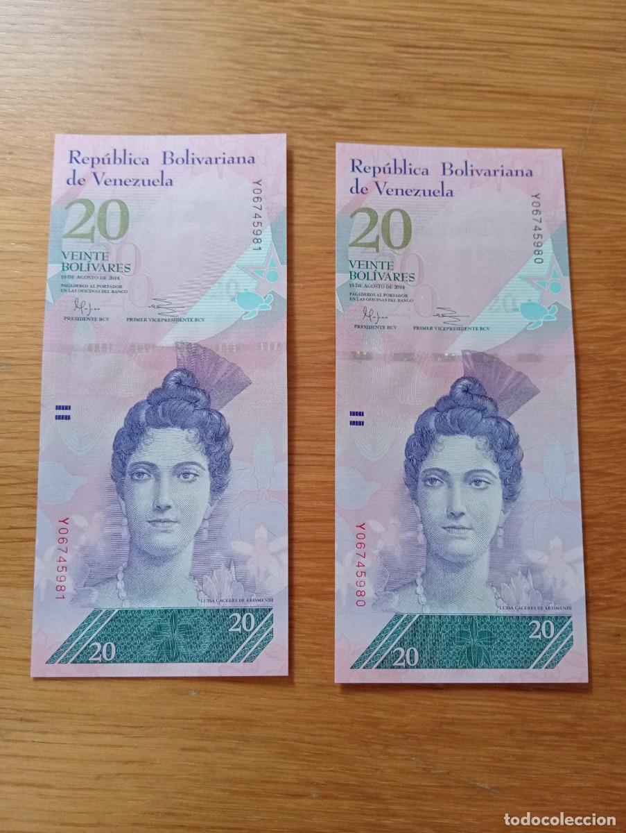Notas Internacionais: 2 BILLETES CONSECUTIVOS DE VENEZUELA. 20 BOL&Iacute;VARES. N.&ordm; SERIE: Y06745980/1. A&Ntilde;O: 2014. SIN CIRCULAR.