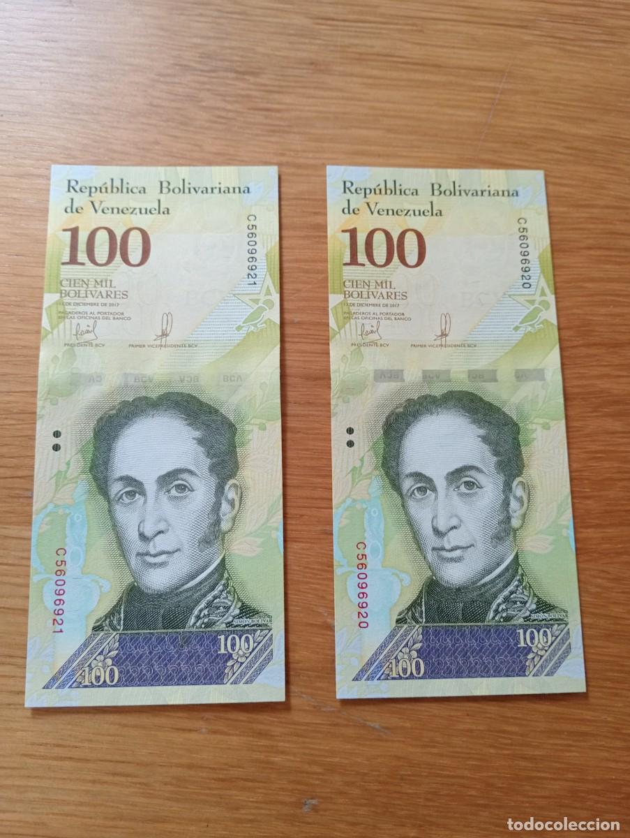 Billetes extranjeros: 2 BILLETES CONSECUTIVOS DE VENEZUELA. 100 BOL&Iacute;VARES. N.&ordm; SERIE: C56096920/1. A&Ntilde;O: 2017. SIN CIRCULAR
