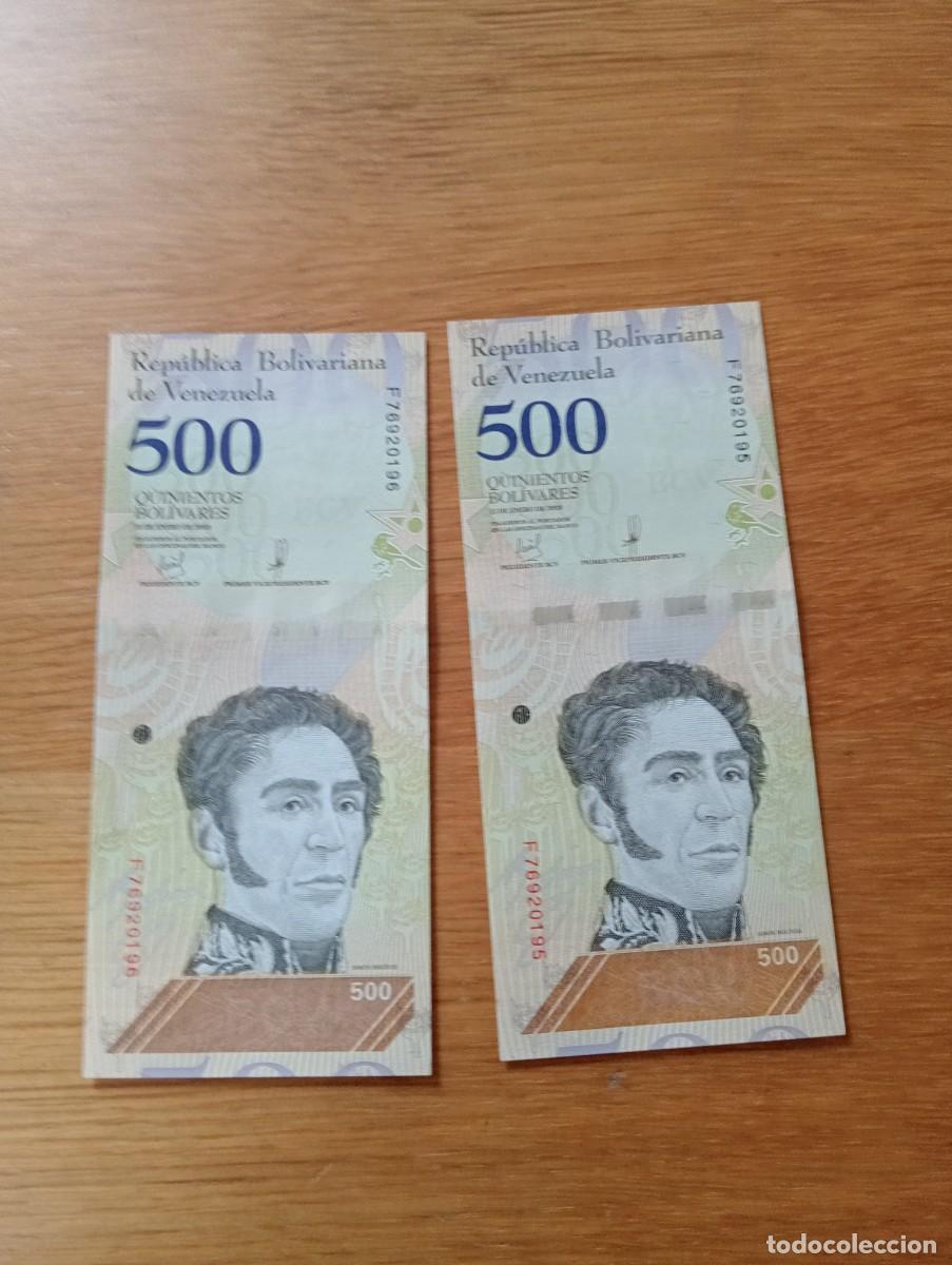 Billets internationaux: 2 BILLETES CONSECUTIVOS DE VENEZUELA. 500 BOL&Iacute;VARES. N.&ordm; SERIE: F76920165/6. A&Ntilde;O: 2018. SIN CIRCULAR