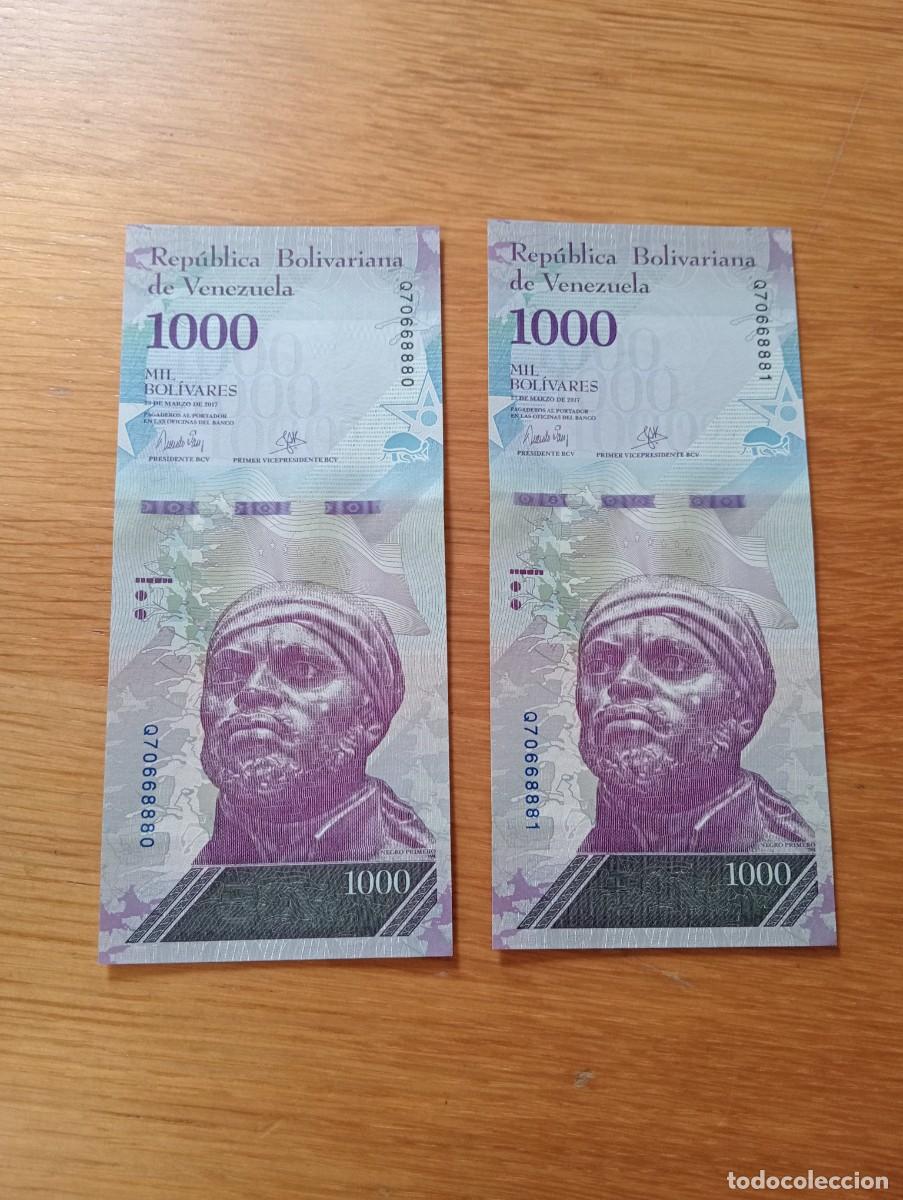 Banconote internazionali: 2 BILLETES CONSECUTIVOS DE VENEZUELA. 1000 BOL&Iacute;VARES. N.&ordm; SERIE: Q70668880/1. A&Ntilde;O: 2017.SIN CIRCULAR