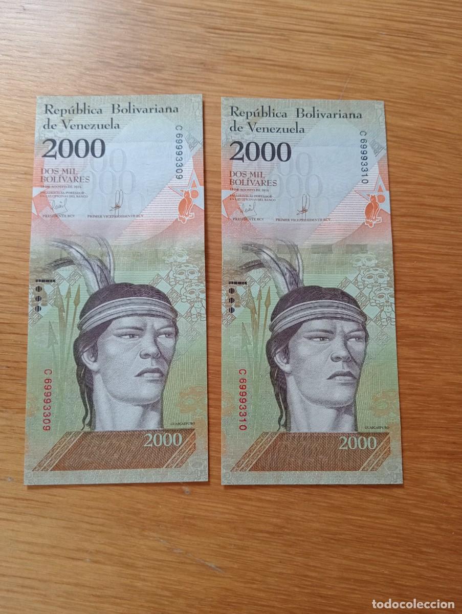 Billetes extranjeros: 2 BILLETES CONSECUTIVOS DE VENEZUELA.2000 BOL&Iacute;VARES. N.&ordm; SERIE: C69993309/10. A&Ntilde;O: 2016.SIN CIRCULAR