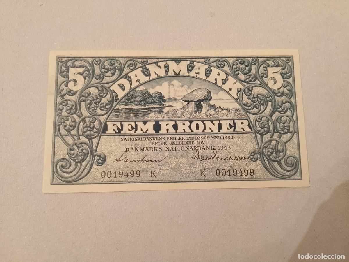 Billetes extranjeros: Billete Dinamarca, 5 coronas, a&ntilde;o 1943, numero bajo 0019499, UNC