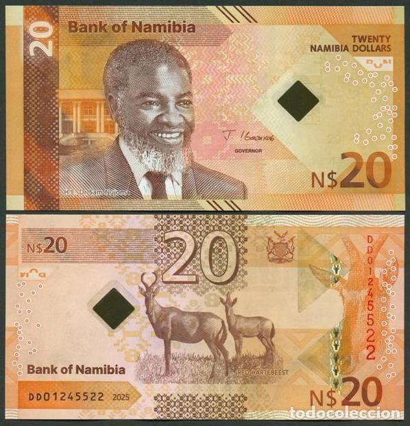 Billetes extranjeros: NAMIBIA. 20 $ 2025. S/C. Hibrido. Fauna, antilopes.
