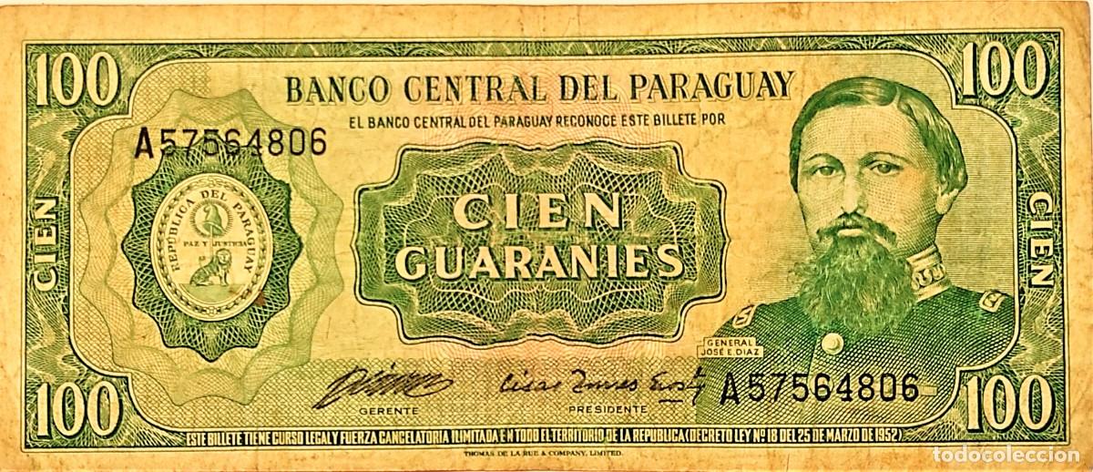 Billetes extranjeros: PARAGUAY (1982) - 100 GUARANIES - (L. 25-3-1952) - A57564806 - 157X67 mm - PICK#205 - MB