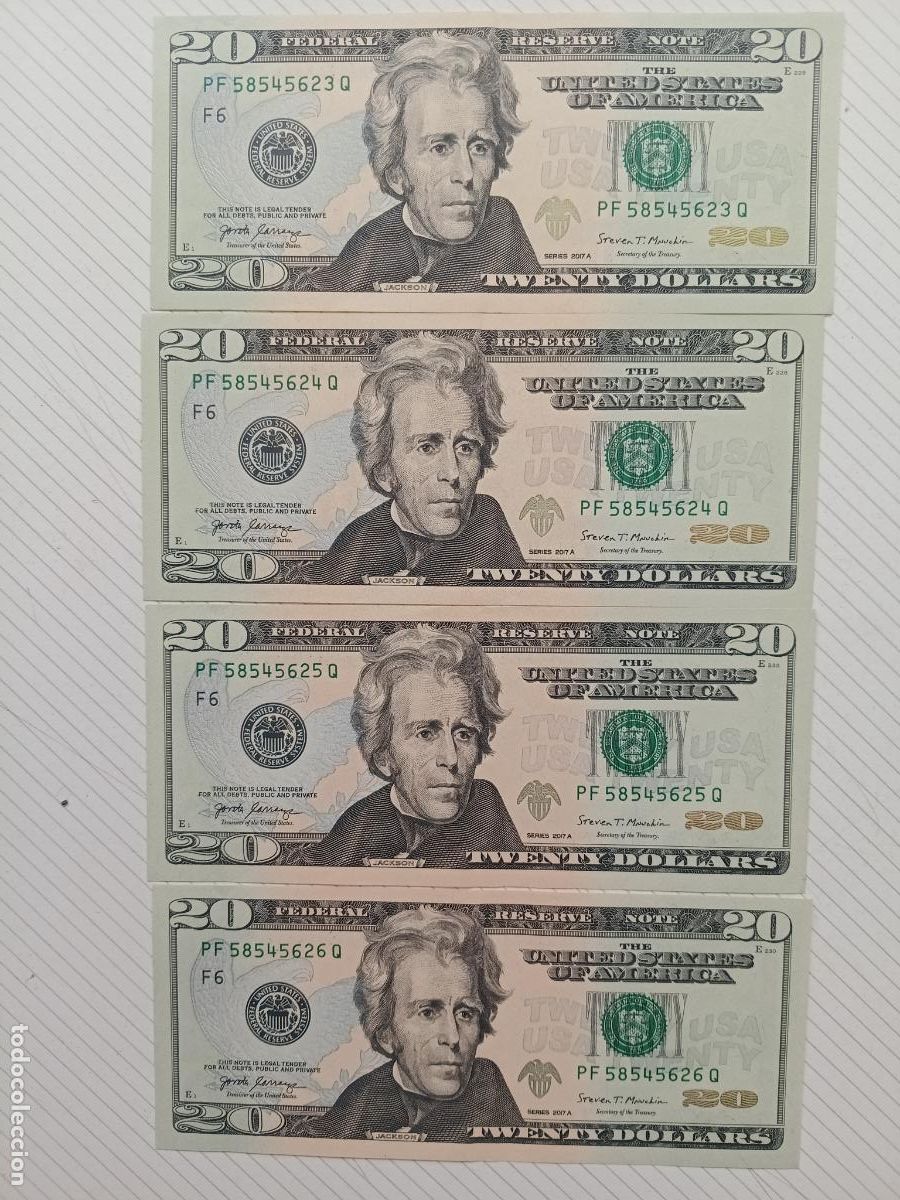 Billetes extranjeros: USA Estados Unidos. 4 billetes correlativos 20 dollars 2017 EBC