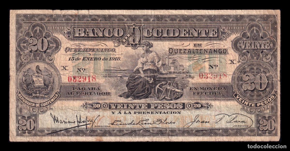 Billetes extranjeros: Guatemala 20 Pesos 1918 Pick S179 Bc F