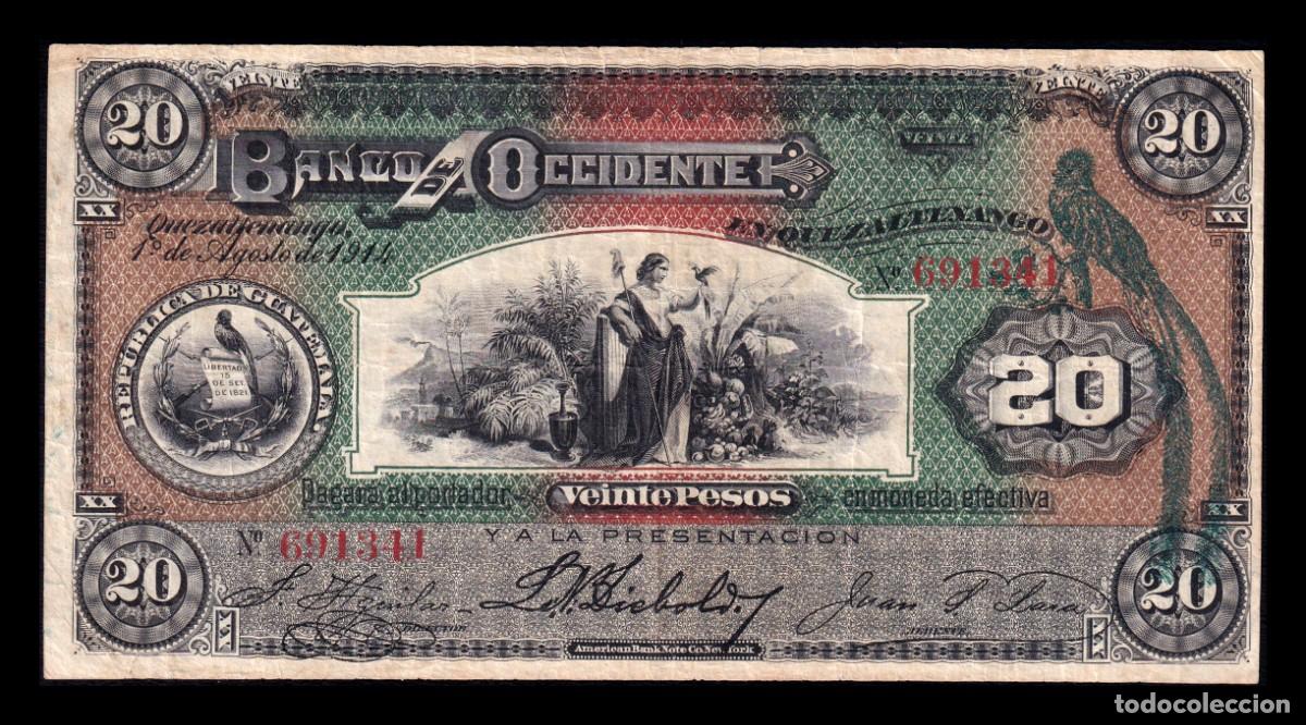 Billetes extranjeros: Guatemala 20 Pesos 1914 Pick S179a Bc/Mbc F/Vf