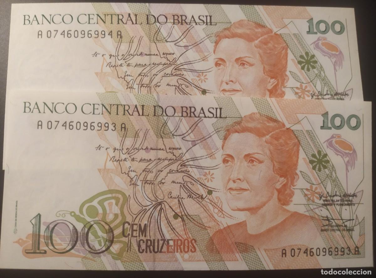 Billetes extranjeros: BRASIL: 100 Cruzeiros 1990 (lote de 2 consecutivos).SC.UNC. PK. #228