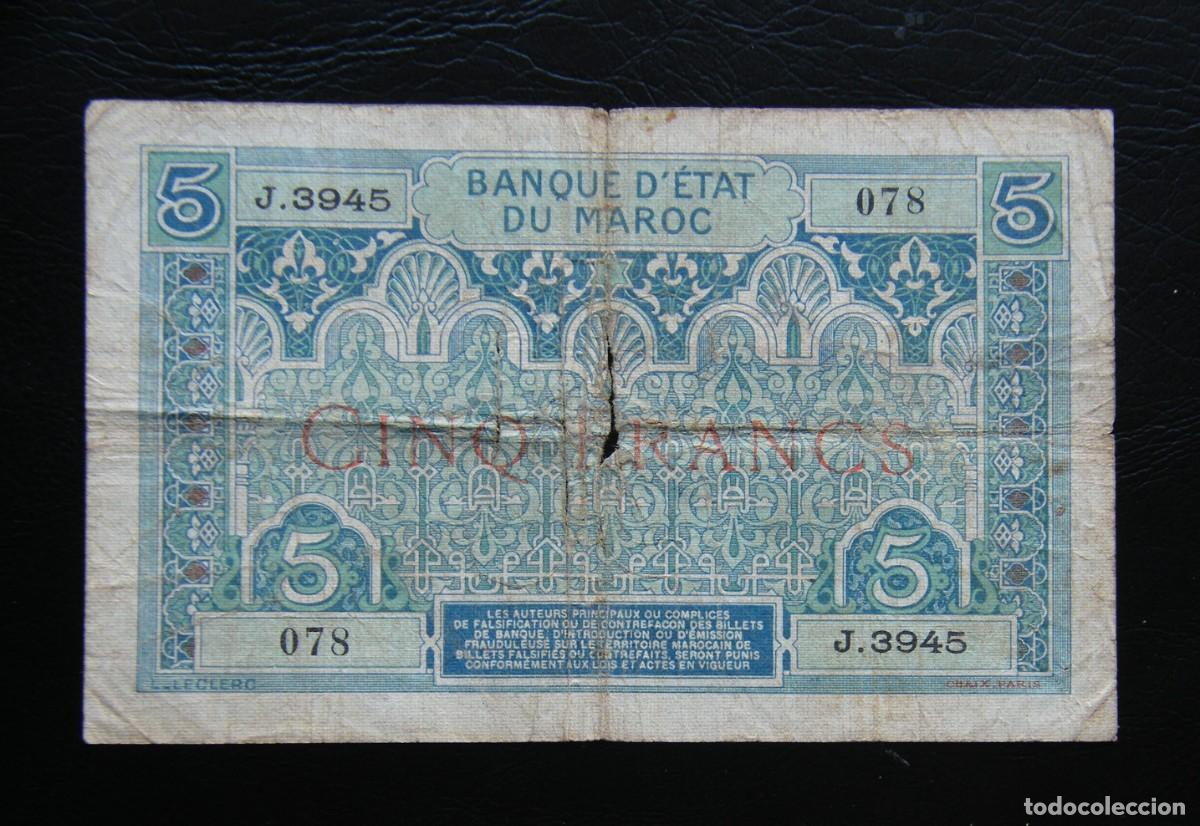 Billets internationaux: MARRUECOS-Franc&eacute;s BILLETE DE 5 FRANCOS 1924 CIRCULADO
