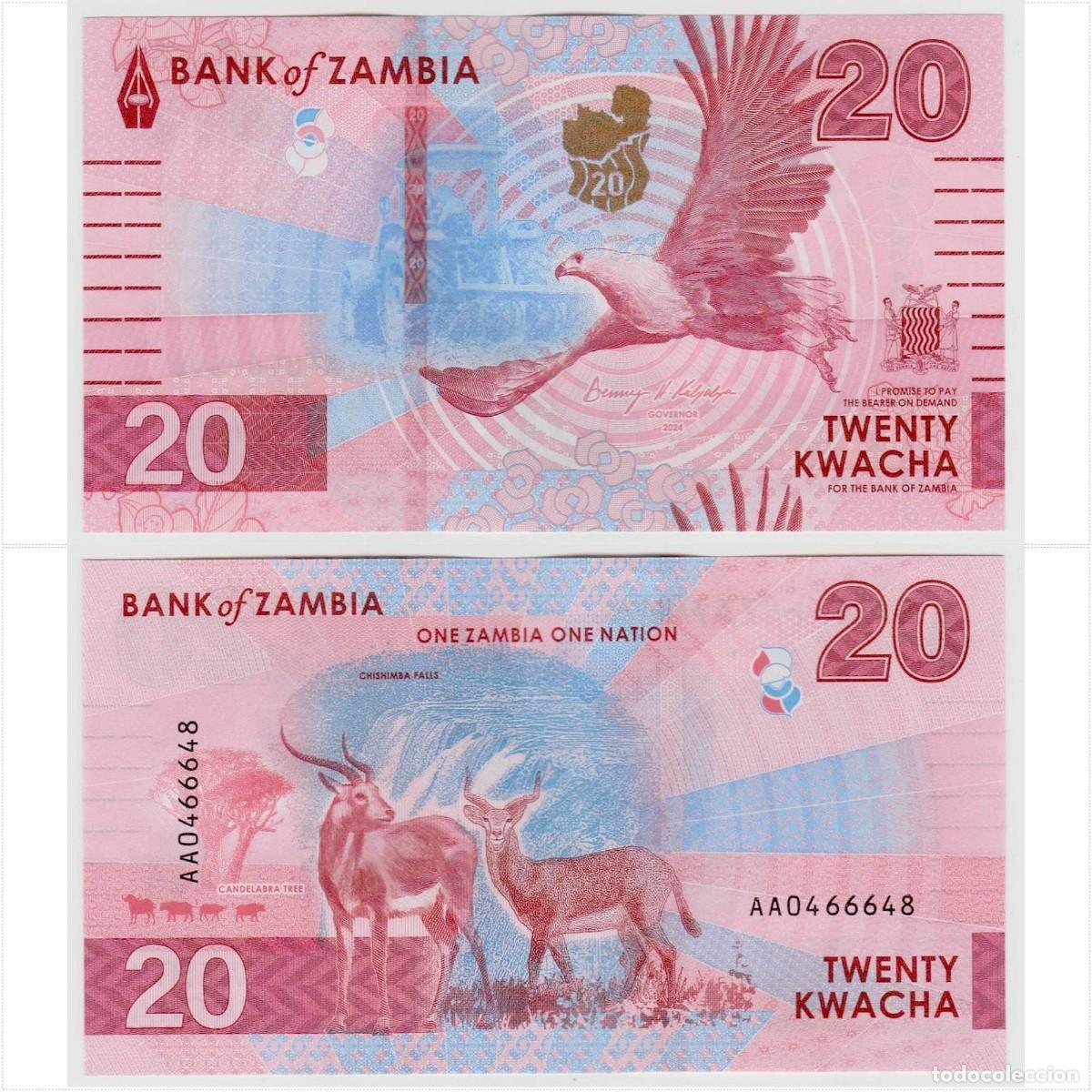 Billetes extranjeros: Zambia 20 Kwacha 2024 n/s AA0466648 Sin Circular (el billete de la foto)