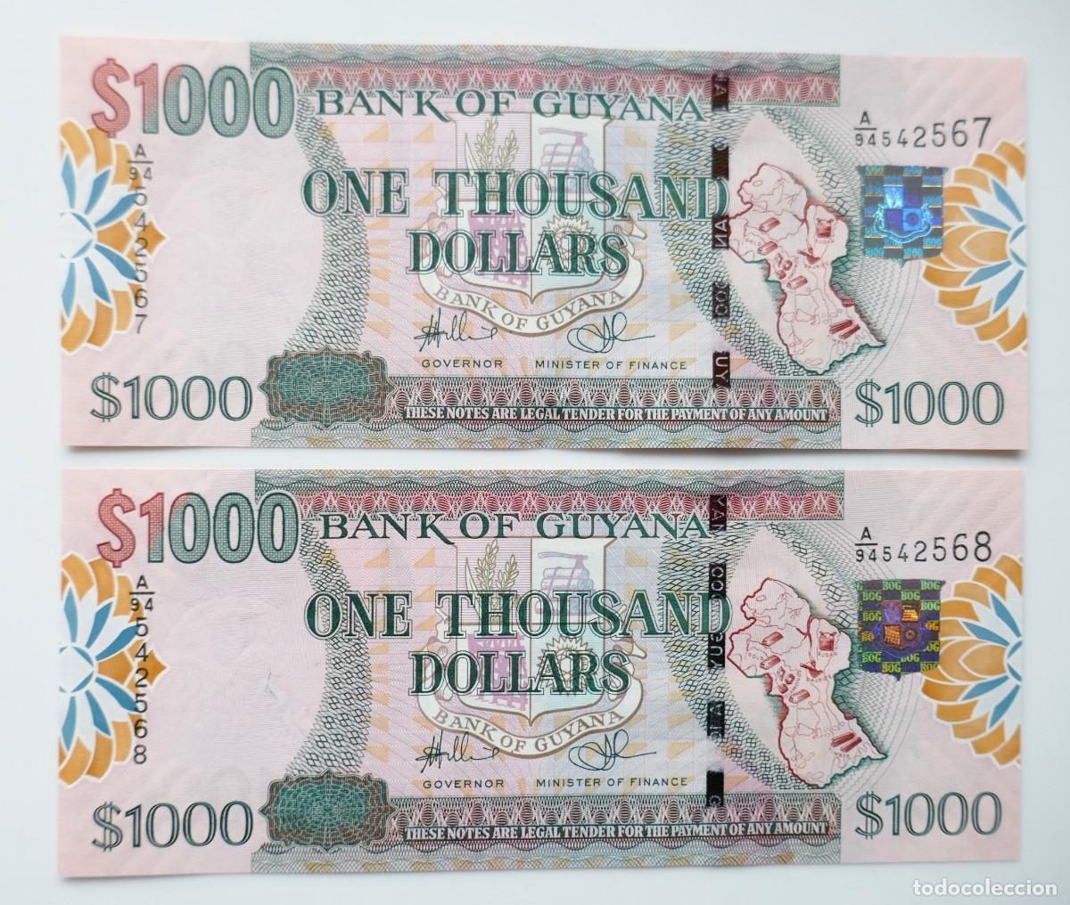 Billetes extranjeros: Pareja correlativa de billetes de 1000 d&oacute;lares de Guyana a&ntilde;o 2009