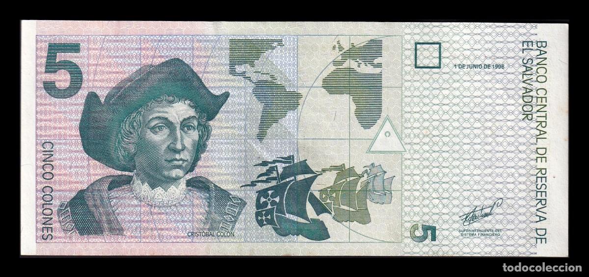 Billetes extranjeros: El Salvador 5 Colones Crist&oacute;bal Col&oacute;n 1998 Pick 147b Ebc Xf