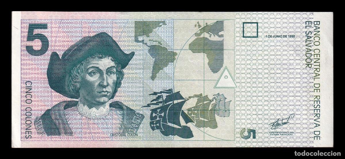 Billetes extranjeros: El Salvador 5 Colones Crist&oacute;bal Col&oacute;n 1998 Pick 147b Ebc Xf