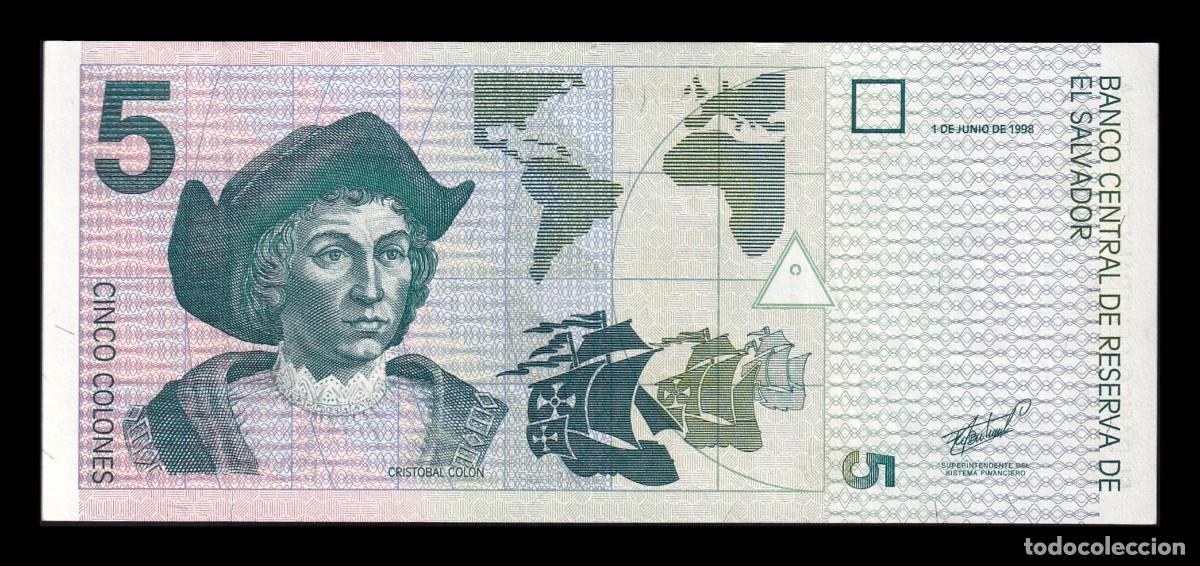 Billetes extranjeros: El Salvador 5 Colones Crist&oacute;bal Col&oacute;n 1998 Pick 147b Ebc Xf