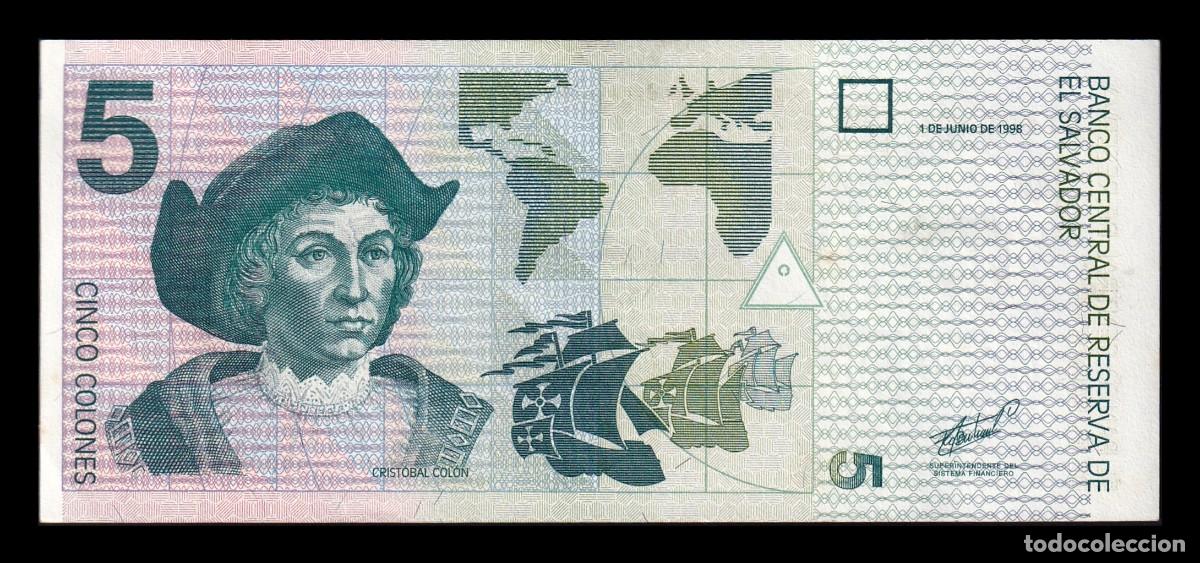 Billetes extranjeros: El Salvador 5 Colones Crist&oacute;bal Col&oacute;n 1998 Pick 147b Ebc Xf