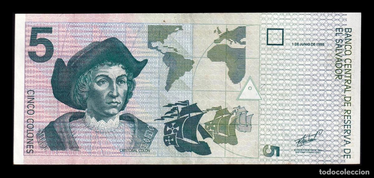 Billetes extranjeros: El Salvador 5 Colones Crist&oacute;bal Col&oacute;n 1998 Pick 147b Ebc Xf
