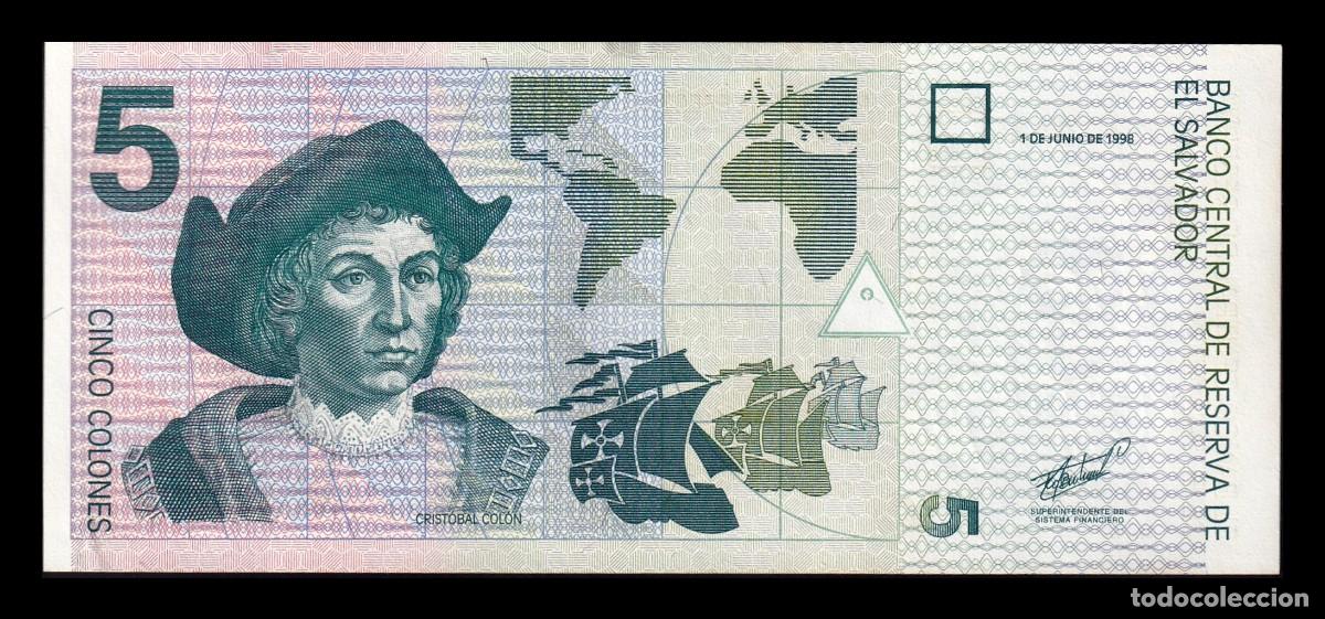 Billetes extranjeros: El Salvador 5 Colones Crist&oacute;bal Col&oacute;n 1998 Pick 147b Ebc Xf