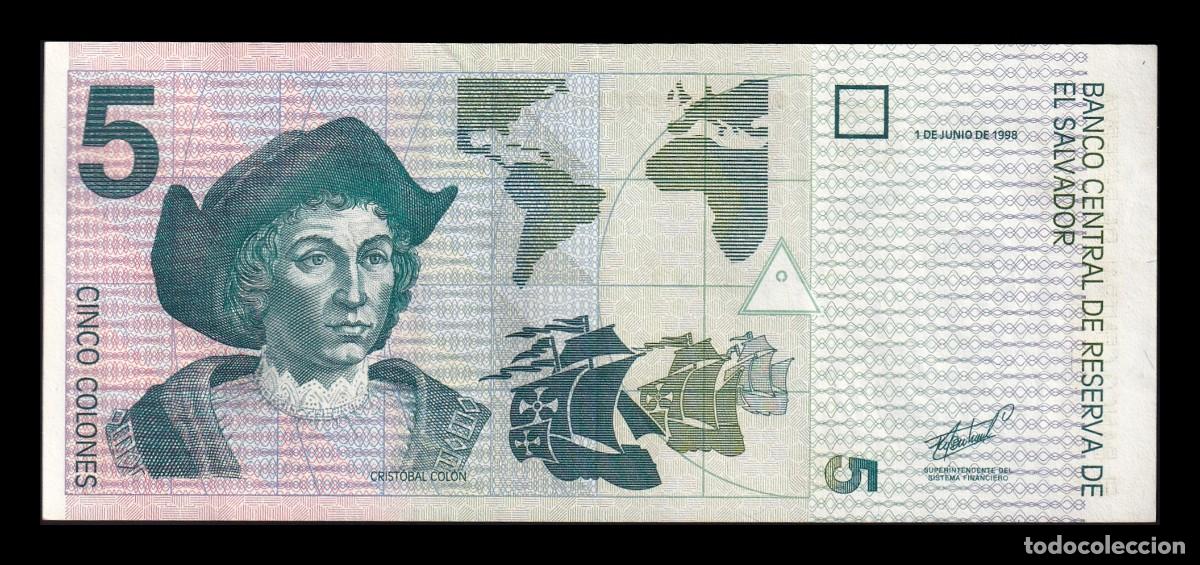 Billetes extranjeros: El Salvador 5 Colones Crist&oacute;bal Col&oacute;n 1998 Pick 147b Ebc Xf