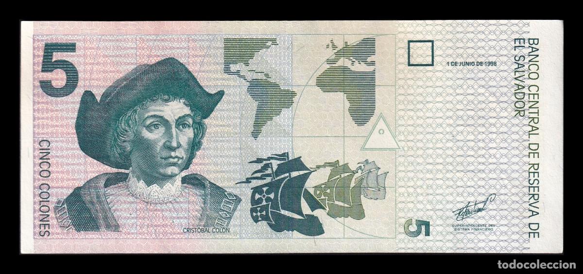 Billetes extranjeros: El Salvador 5 Colones Crist&oacute;bal Col&oacute;n 1998 Pick 147b Ebc Xf