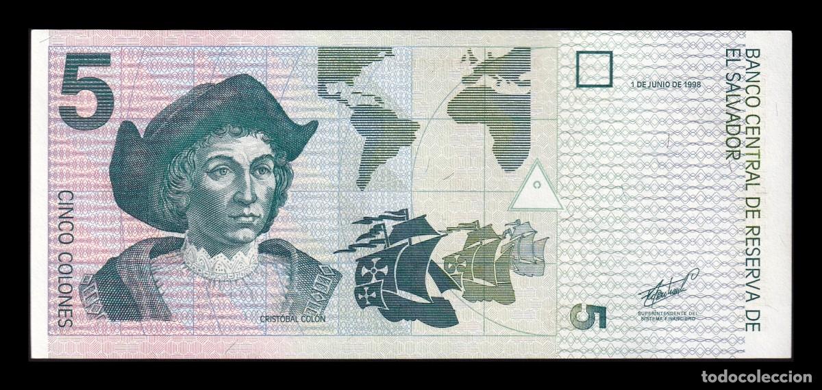 Billetes extranjeros: El Salvador 5 Colones Crist&oacute;bal Col&oacute;n 1998 Pick 147b Ebc Xf