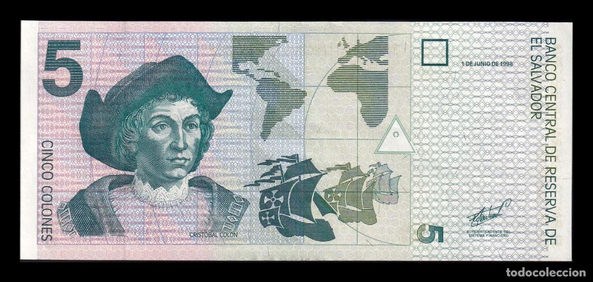 Billetes extranjeros: El Salvador 5 Colones Crist&oacute;bal Col&oacute;n 1998 Pick 147b Ebc Xf