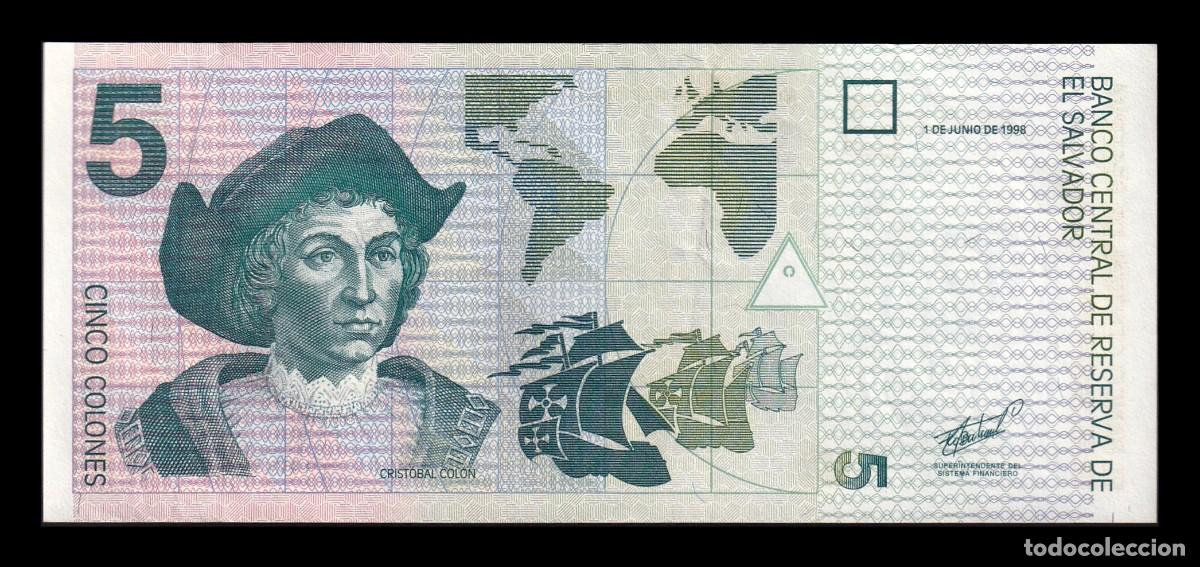 Billetes extranjeros: El Salvador 5 Colones Crist&oacute;bal Col&oacute;n 1998 Pick 147b Ebc Xf