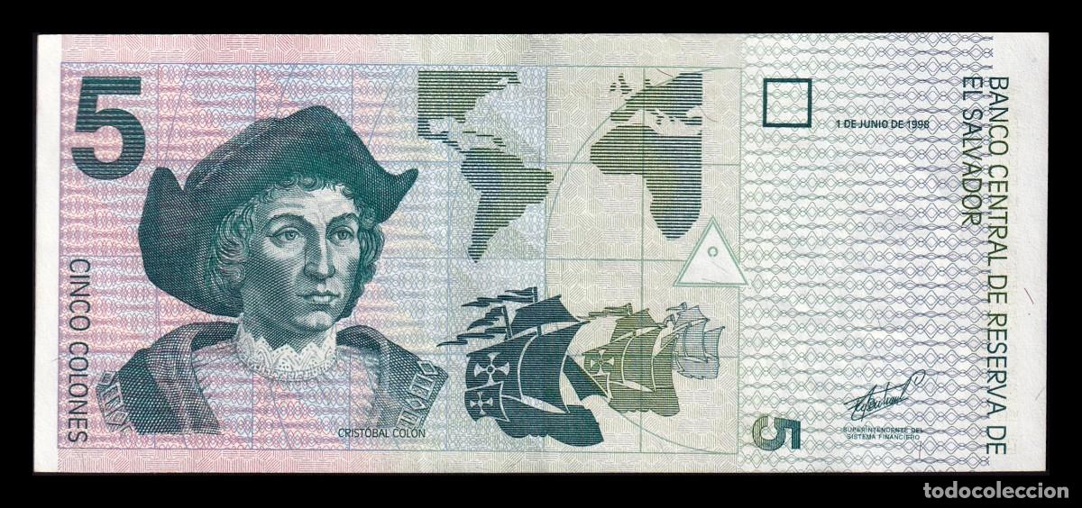Billetes extranjeros: El Salvador 5 Colones Crist&oacute;bal Col&oacute;n 1998 Pick 147b Ebc Xf