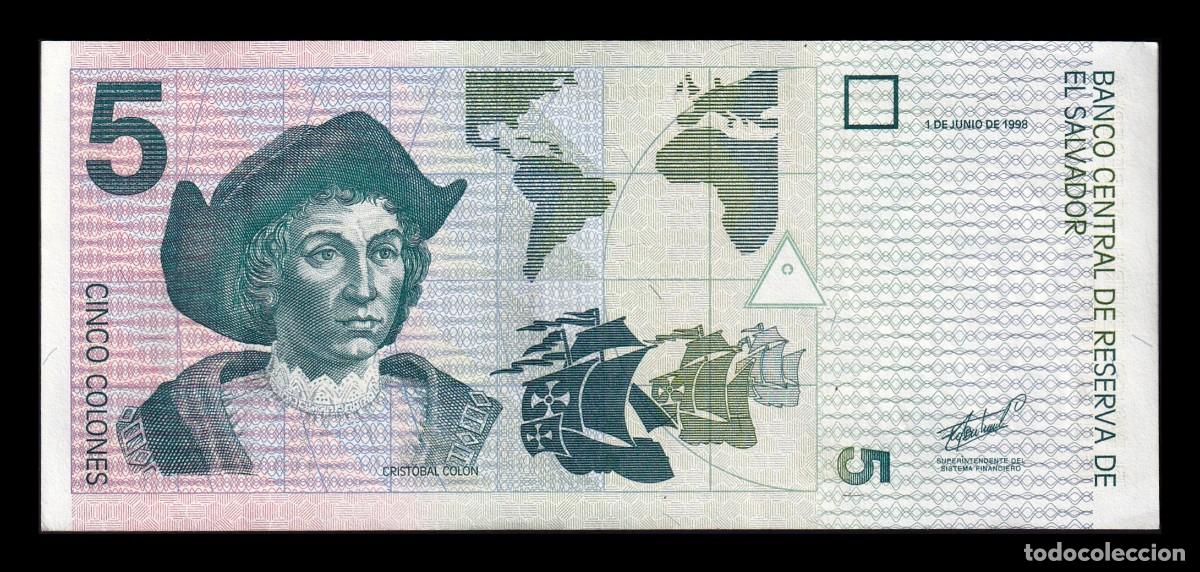 Billetes extranjeros: El Salvador 5 Colones Crist&oacute;bal Col&oacute;n 1998 Pick 147b Ebc Xf