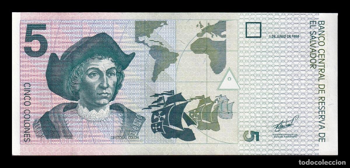 Billetes extranjeros: El Salvador 5 Colones Crist&oacute;bal Col&oacute;n 1998 Pick 147b Ebc Xf