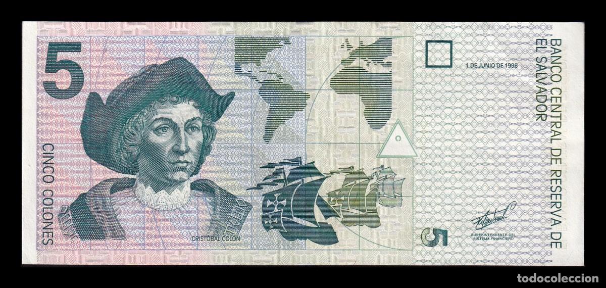 Billetes extranjeros: El Salvador 5 Colones Crist&oacute;bal Col&oacute;n 1998 Pick 147b Ebc Xf