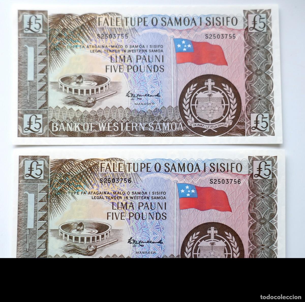 Billetes extranjeros: SAMOA: 2 billetes Correlativos de 5 libras. A&ntilde;o 2020. En perfecto estado Pick 15cs