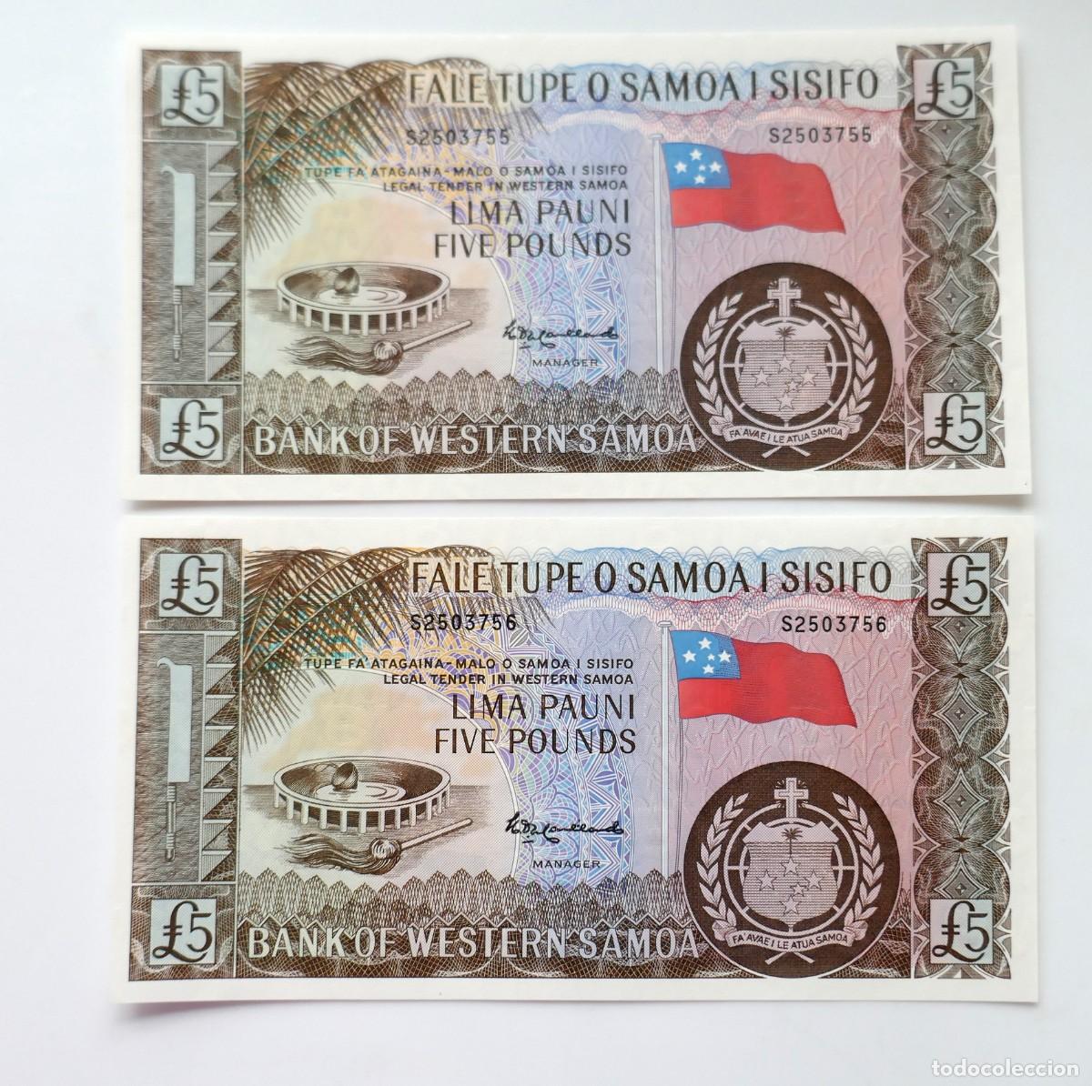 Billetes extranjeros: SAMOA: 2 billetes Correlativos de 5 libras. A&ntilde;o 2020. En perfecto estado Pick 15cs