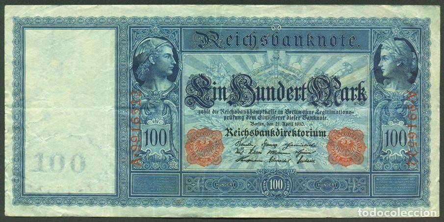 Billetes extranjeros: ALEMANIA. 100 mark 21.4. 1910. Pick 42. N&ordm; de serie en rojo. Serie A.